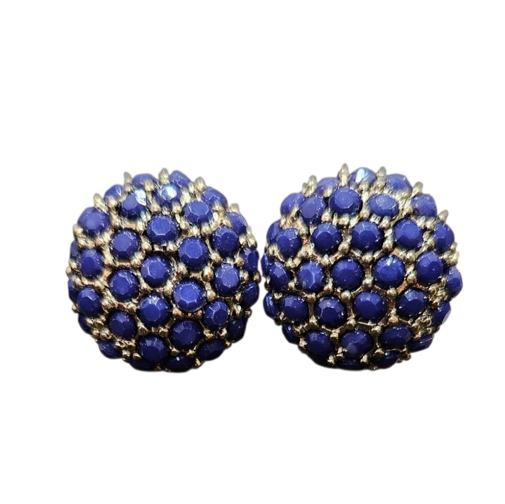 Vintage Blue crystal goldtone dome earrings EUC 1980s stud pierced